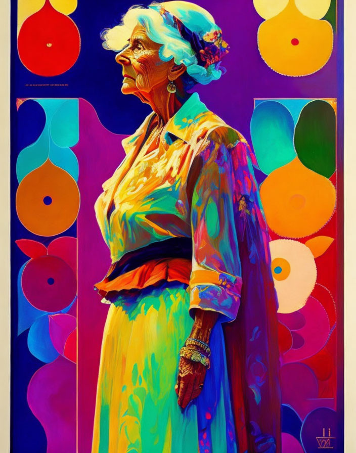 Elderly Woman in Stylish Hat and Vibrant Clothing Against Colorful Abstract Background