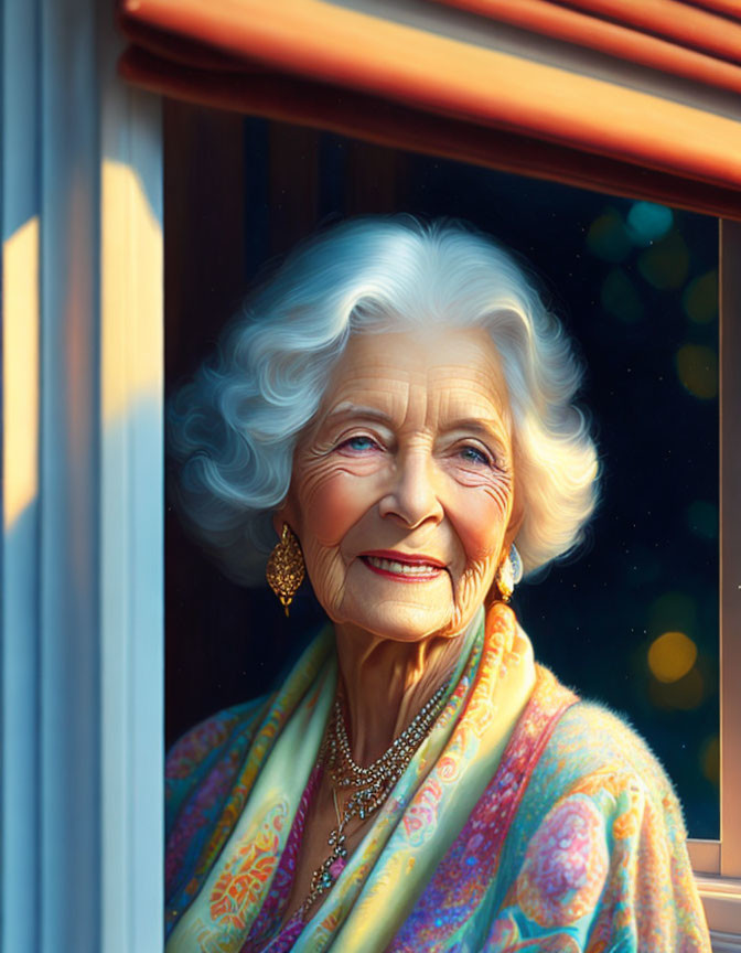 Elderly woman with white hair smiling by window at sunset