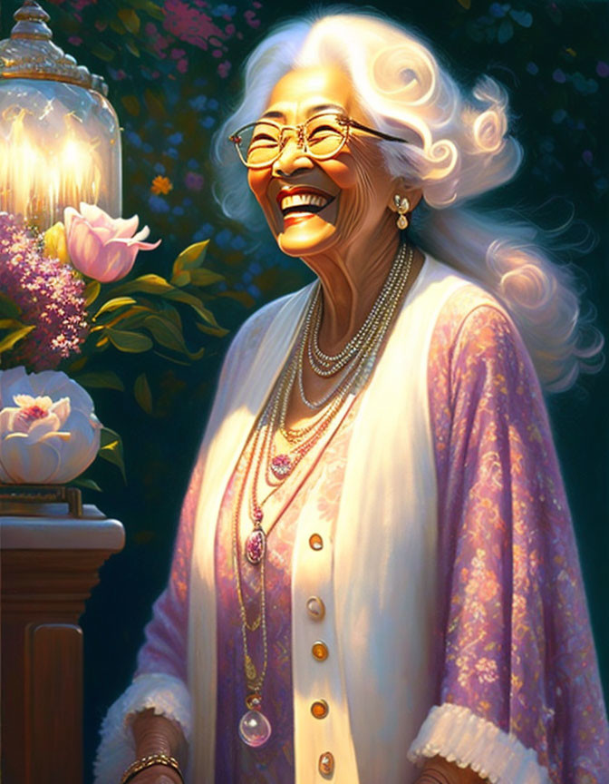 Elderly Woman Smiling by Lantern with Flower