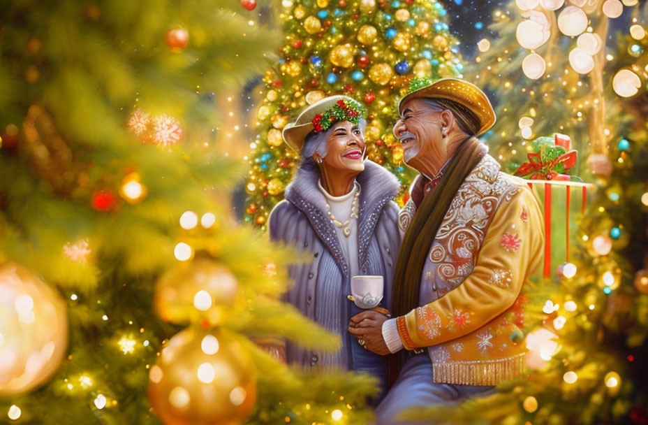 Elderly couple in festive attire by Christmas tree with gifts and drink