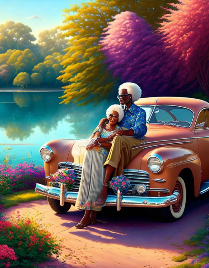 Elderly couple on vintage car hood amidst colorful sunset scenery