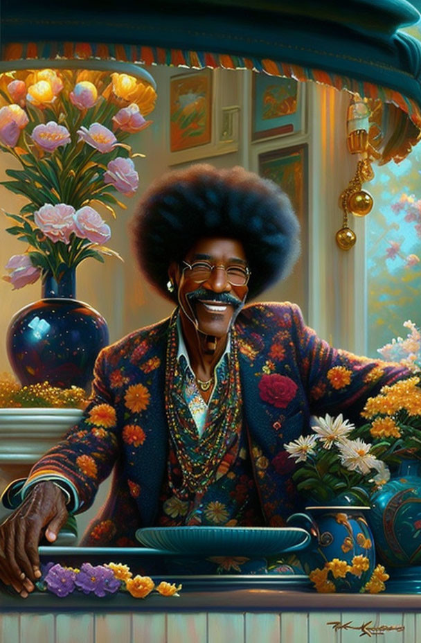 Colorful illustration of smiling man with afro, glasses, and jewelry in cozy room full of flowers