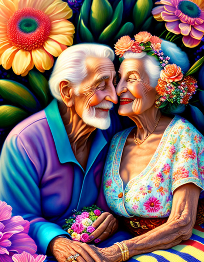 Elderly couple with gentle smile, noses touching, surrounded by vibrant flowers.