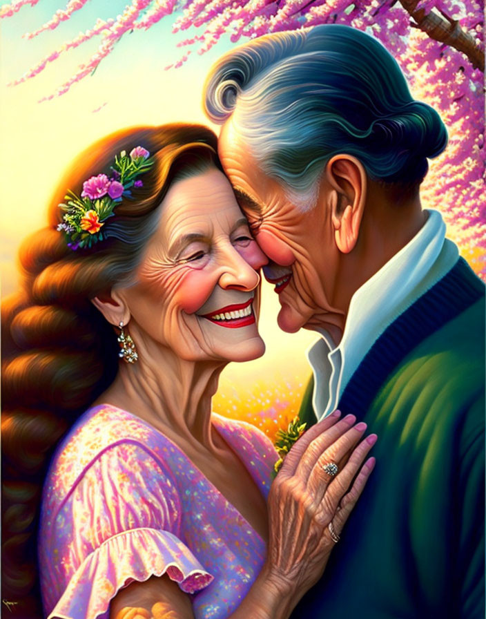 Elderly couple smiling in warm embrace among colorful blossoms