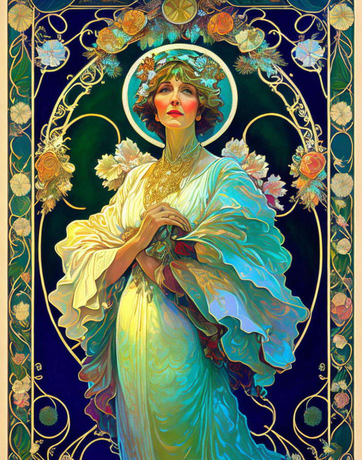 Art Nouveau Style Image of Woman with Halo and Floral Ornaments