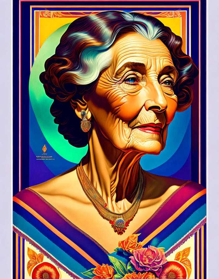 Elderly woman portrait in colorful dress with geometric background