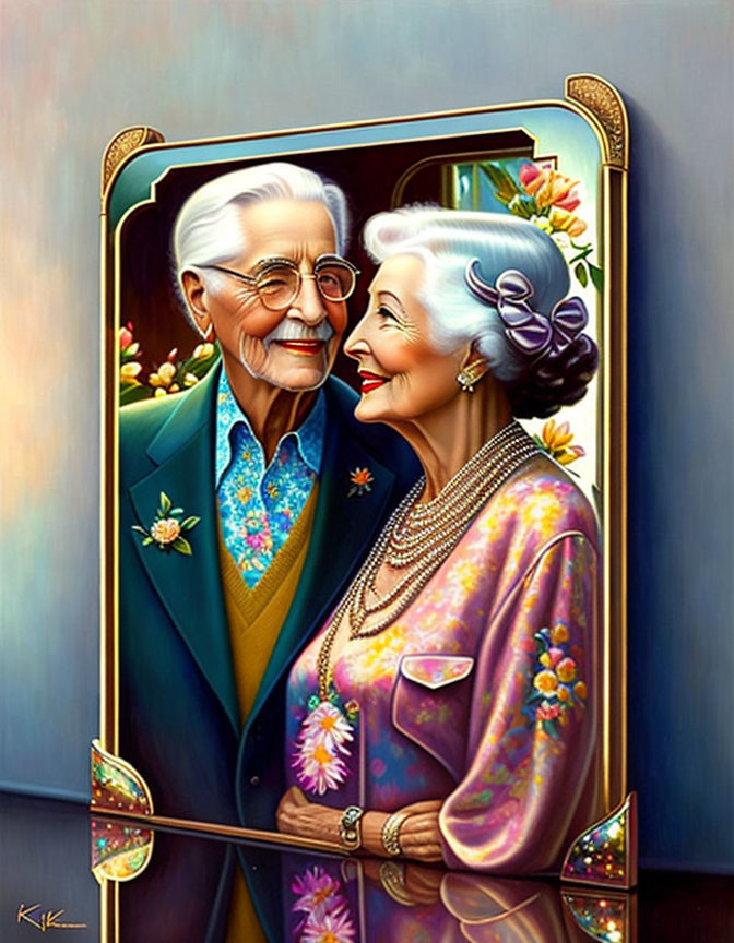 Elderly Couple in Stylish Painting with Golden Frame