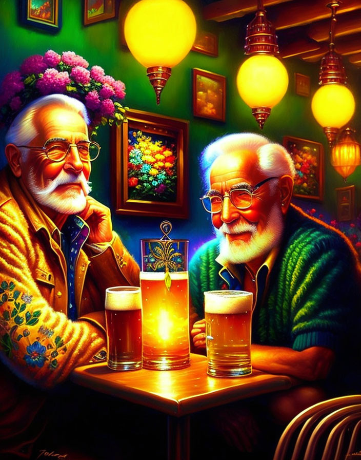 Elderly men savoring beer in cozy, colorful bar