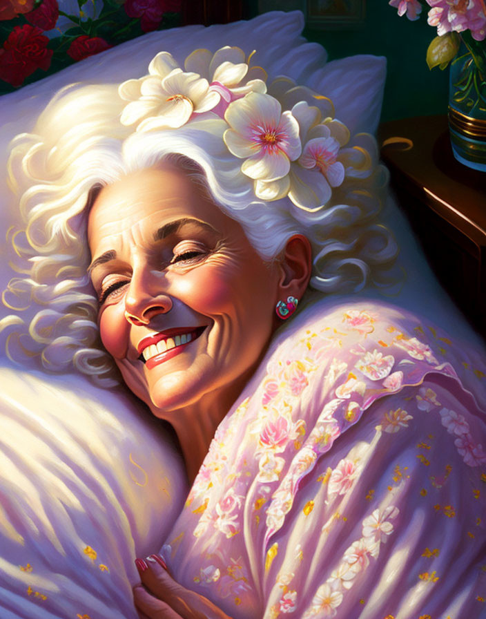 Elderly woman with white curly hair and floral accessories resting on pillow.