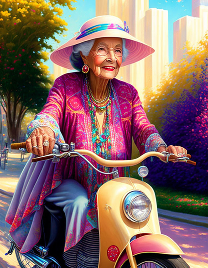 Elderly woman in purple clothes smiles while riding classic bicycle on city path