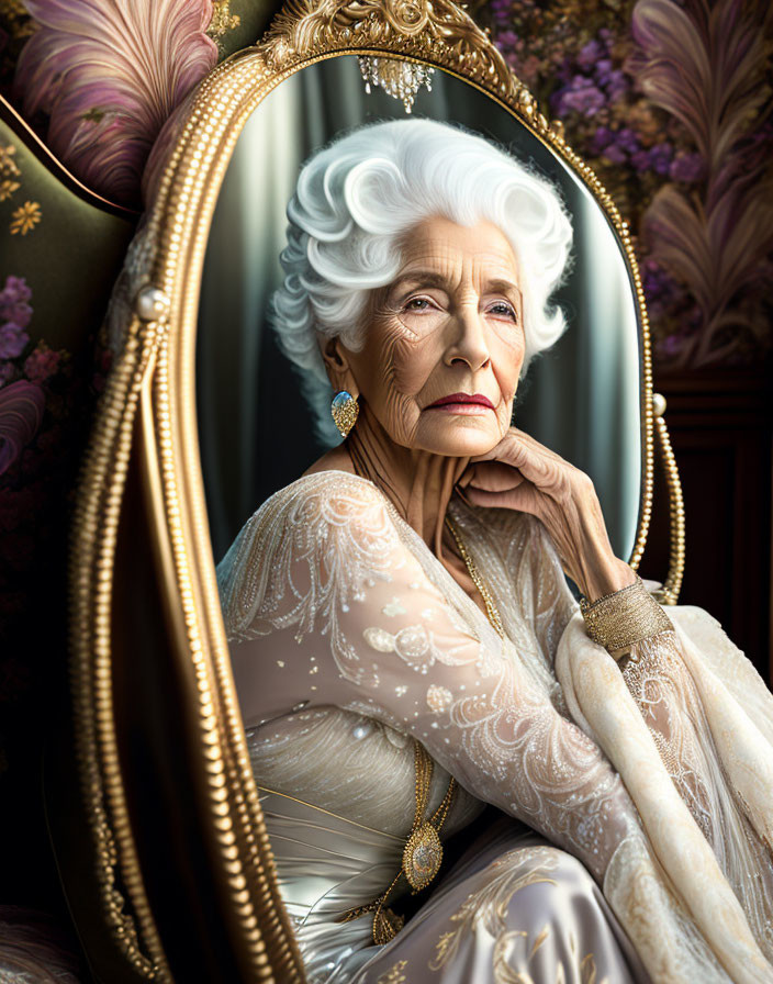 Elderly woman in elegant attire gazes in golden-framed mirror