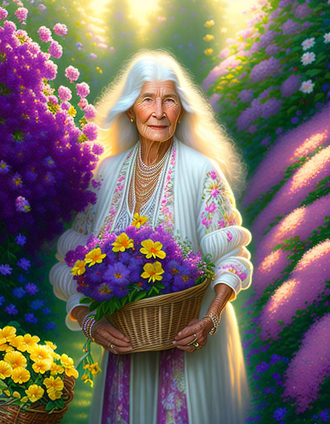 Elderly woman with long white hair in floral dress holding flower basket