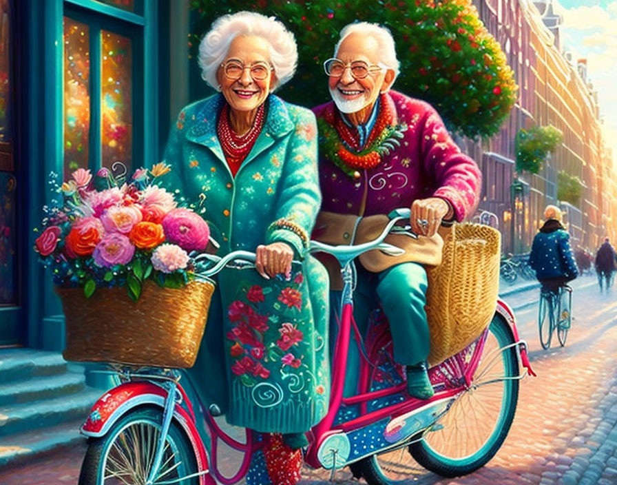 Elderly couple on tandem bicycle in vibrant city street with flowers