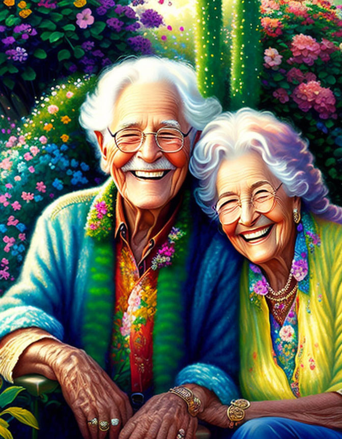 Elderly Couple Smiling in Colorful Garden