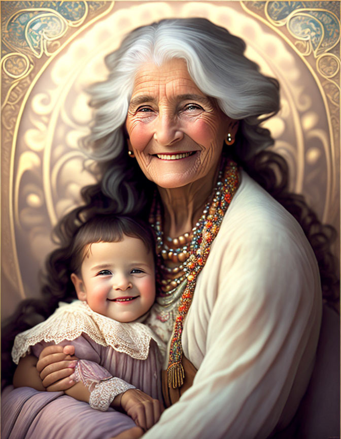 Elderly woman and cheerful toddler in elegant attire against ornate backdrop