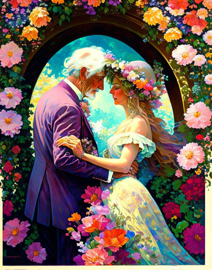 Elderly man and young woman in flower crowns embrace under lush archway