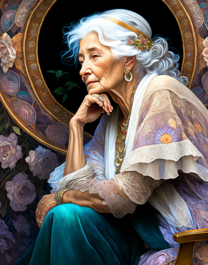 Elderly woman in elegant attire surrounded by floral patterns