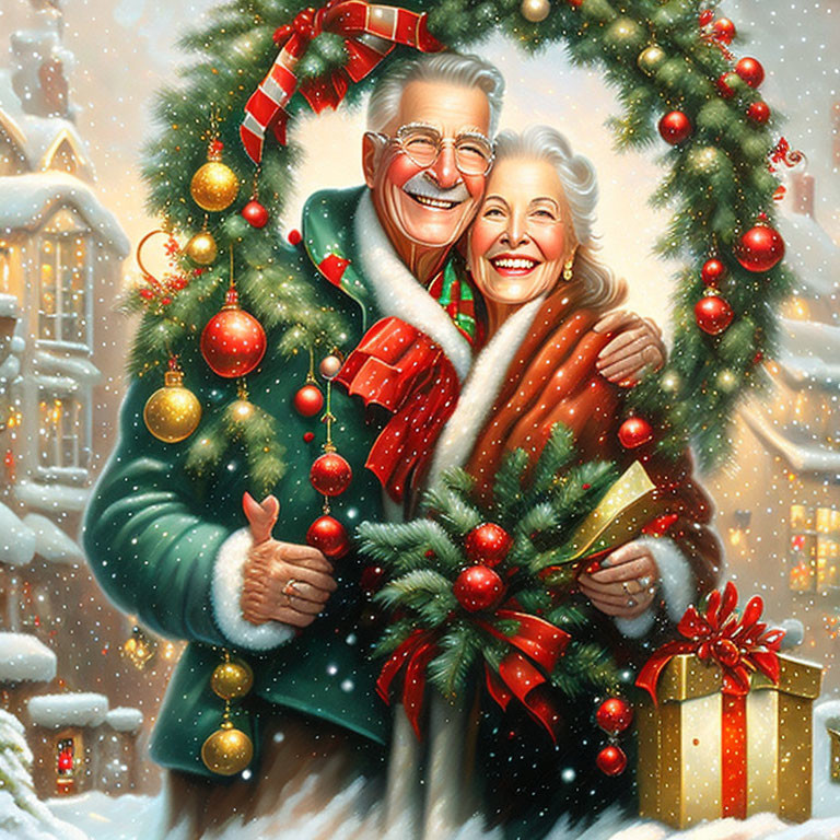 Elderly couple smiling in Christmas wreath with snowfall