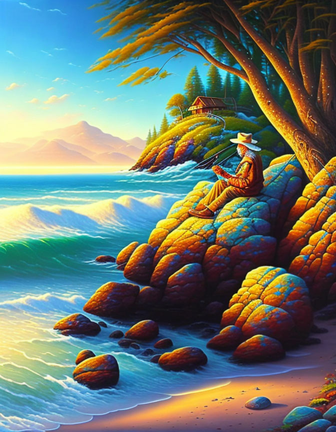 Person fishing on rocky shore with palm trees, blue waves, mountains, and cottage.