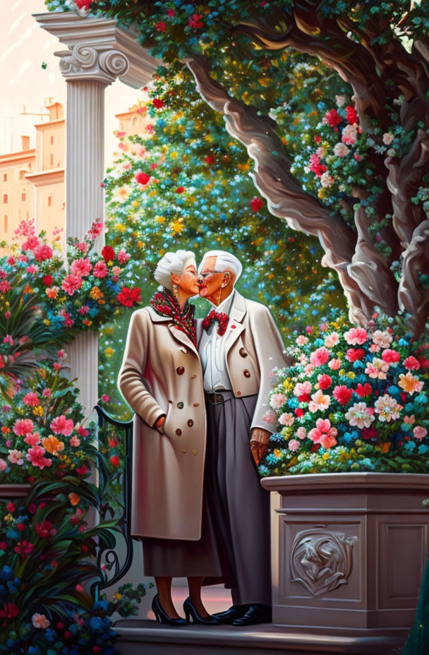 Elderly couple kisses under blooming tree in stylish coats