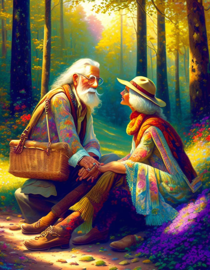 Elderly couple in colorful attire embraces in sunlit forest