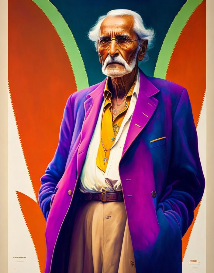 Elderly Man in Purple Blazer and Mustache Against Colorful Background