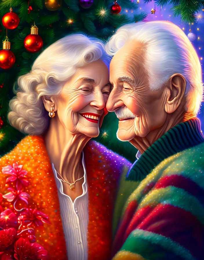 Elderly couple embracing joyfully in front of lit Christmas tree