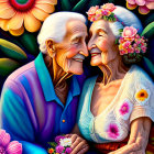 Elderly couple with gentle smile, noses touching, surrounded by vibrant flowers.