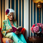 Elderly lady with glasses reading book next to vibrant bouquet