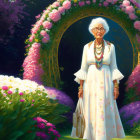 Elderly woman in white dress with floral archway background