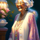 Elderly Woman Smiling by Lantern with Flower