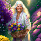 Elderly woman with long white hair in floral dress holding flower basket