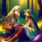 Elderly couple in colorful attire embraces in sunlit forest