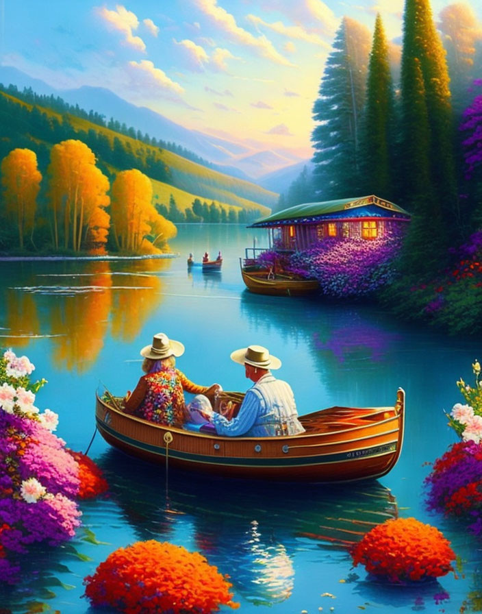 Serene river scene with individuals in boat near autumn trees