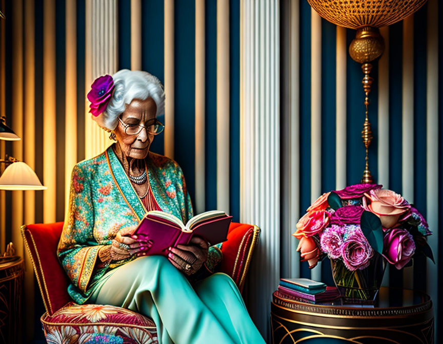 Elderly lady with glasses reading book next to vibrant bouquet