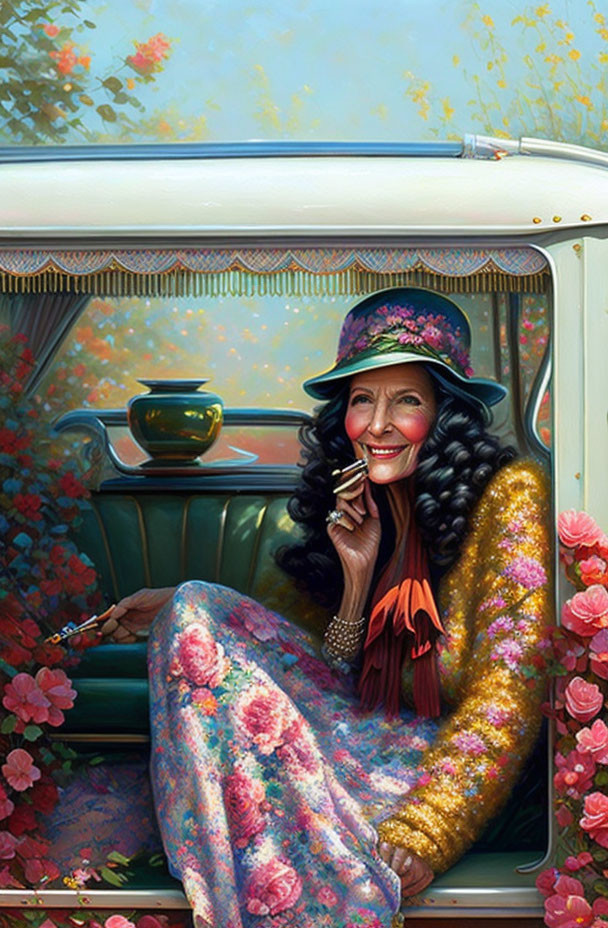 Elderly woman with radiant smile in vintage car surrounded by flowers