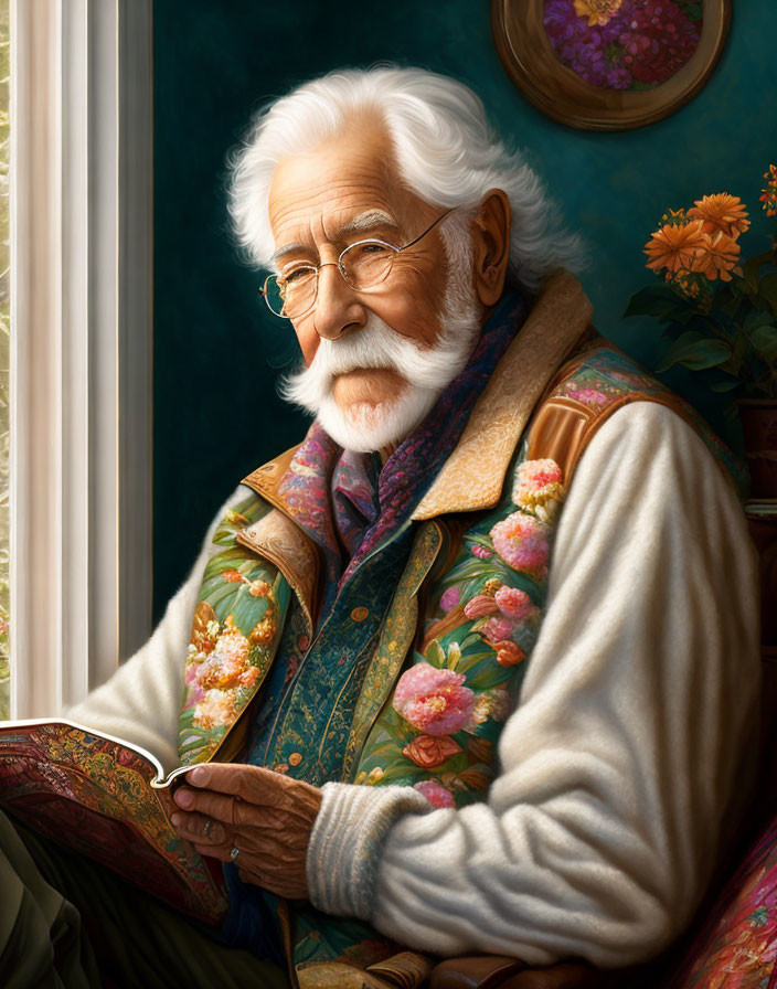 Elderly man reading by window in floral vest and quilted jacket