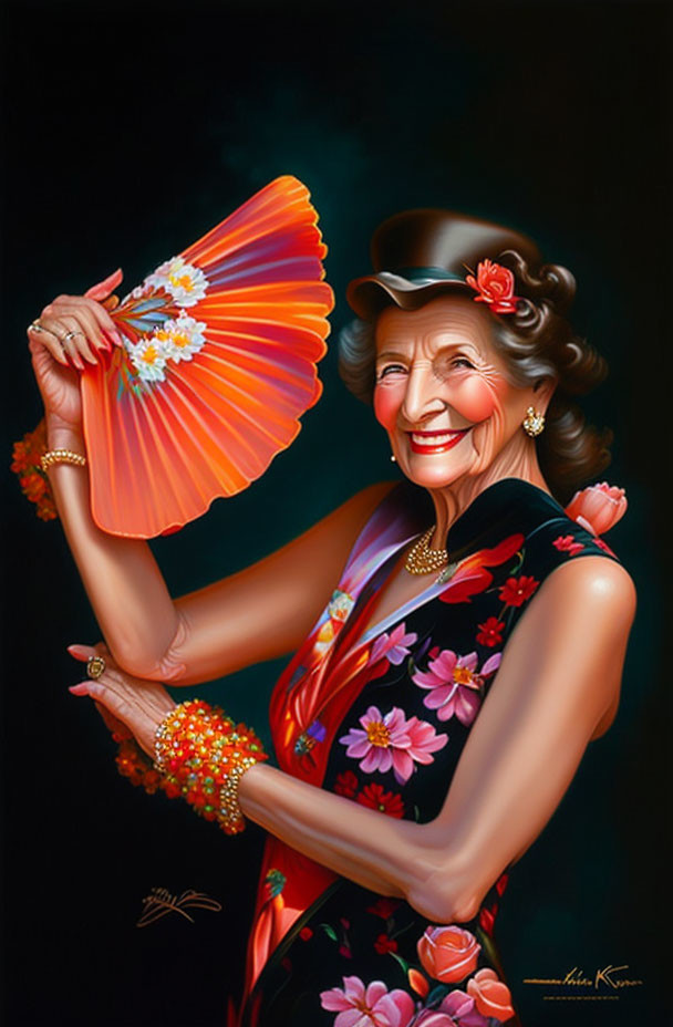 Elderly woman in floral dress with fan and flowers in hair