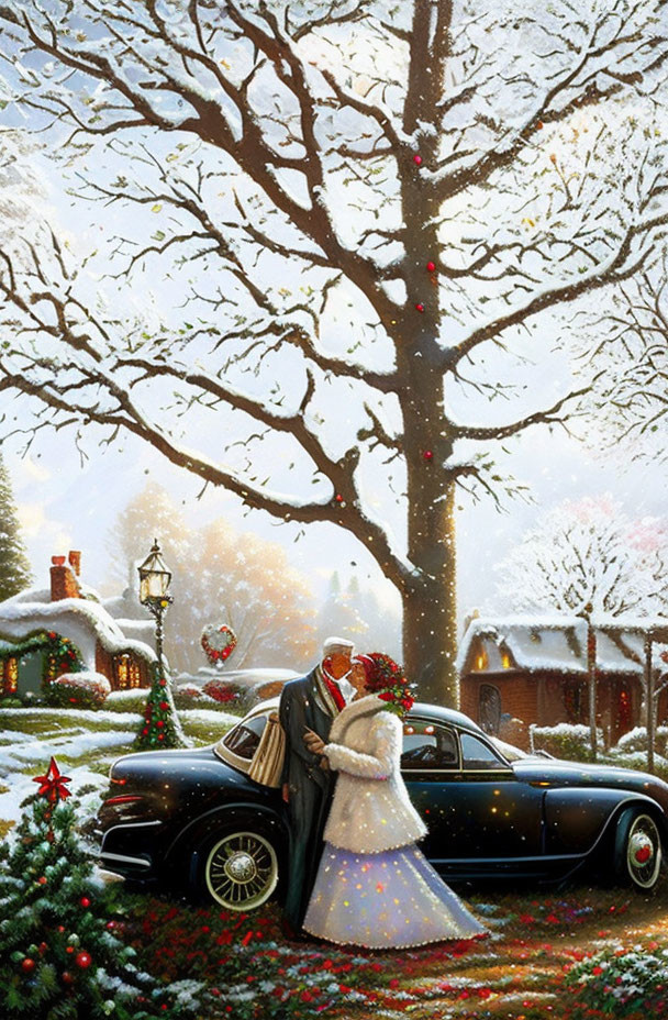 Couple embraces by vintage car in snowy Christmas village.