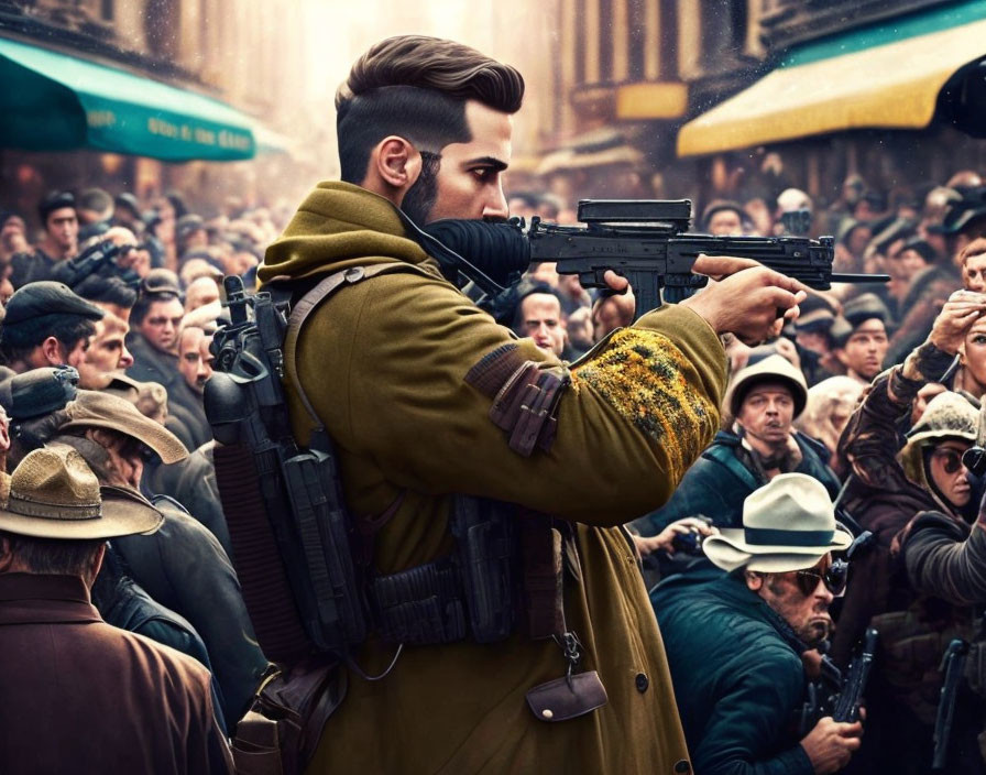 Man with Beard Holding Gun in Tactical Gear Amidst Onlookers
