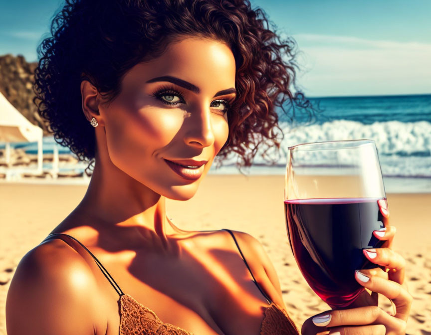 Curly-haired woman smiling with red wine on beach