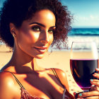 Curly-haired woman smiling with red wine on beach