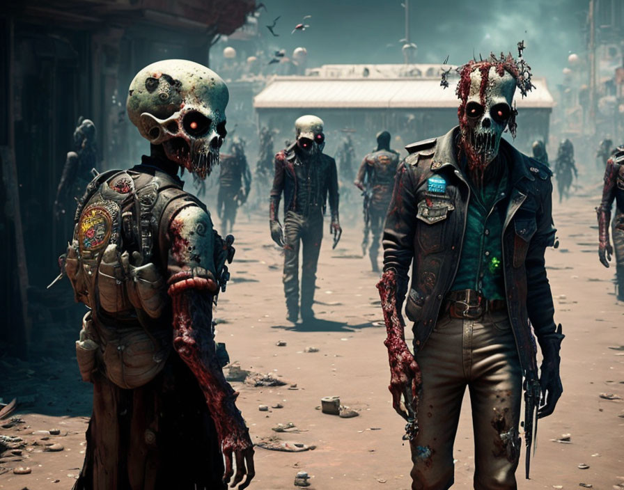 Desolate street with zombie-like creatures in post-apocalyptic scene