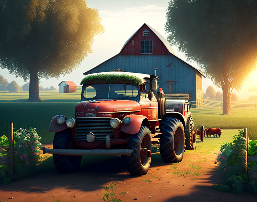 Old Red Tractor for Sale on Serene Farm with Barn and Sunrise