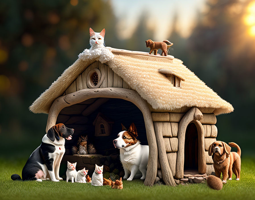 Whimsical illustration of dogs, cats, and doghouse in soft-focus green setting