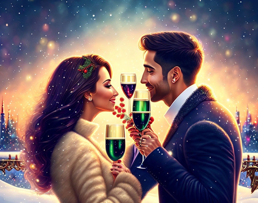 Couple toasting wine under starry sky on romantic evening