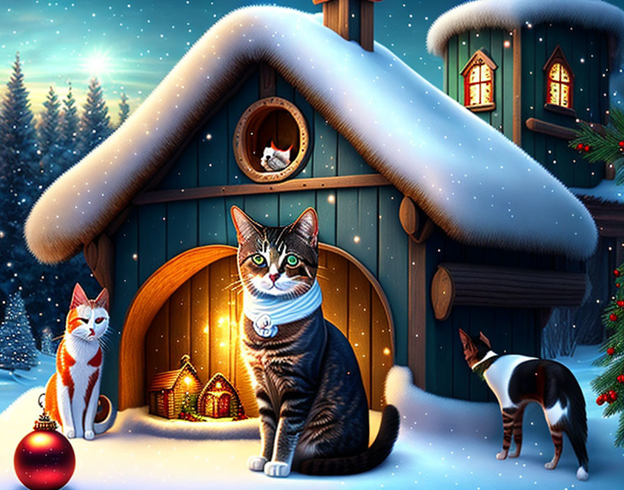 Three cats in front of snow-covered Christmas house at night