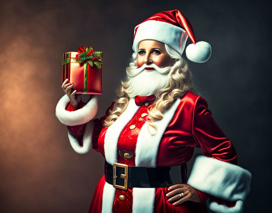 Santa Claus costume with gift, warm smile, dark background