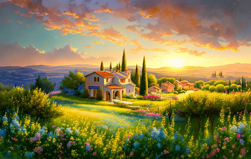 Vibrant flower field and villa in scenic sunset landscape