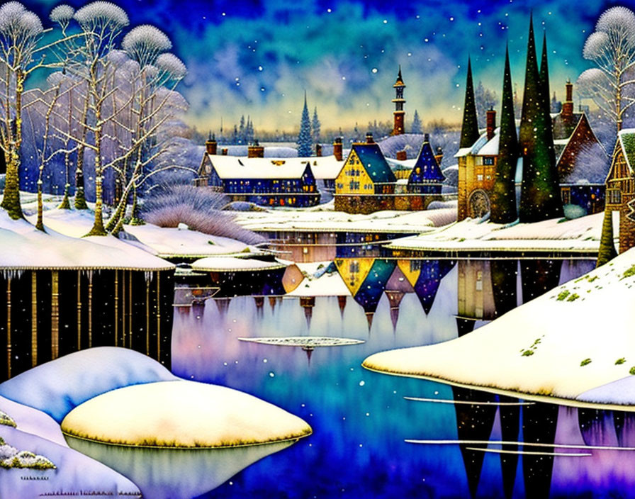 Whimsical snowy village painting with starry sky